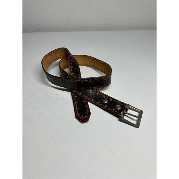 Vintage Men's 100% Leather Casual Jean Dress Belt Tooled Cross Brown See Notes - Picture 1 of 13